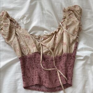 Sienna Sky Beige and Mauve Floral Smocked Blouse